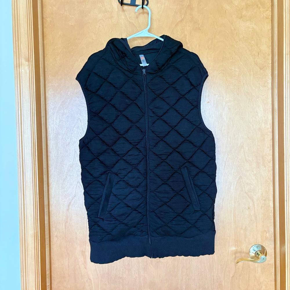 Mono B Quilted‎ Hooded Vest Black Full Zip Pockets Women's Size L